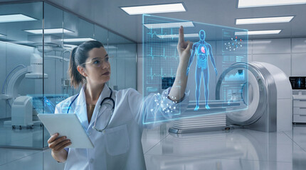 Young Female Doctor Interacting with Holographic Medical Scan