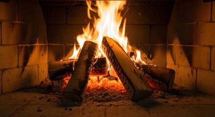A cozy close-up of a bright, warm fire burning in a brick fireplace, with logs glowing orange and yellow flames dancing, creating a comforting atmosphere.