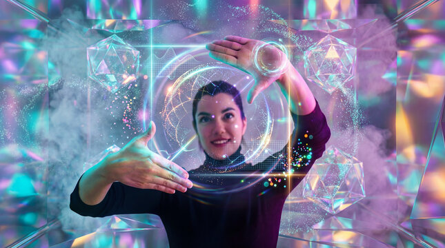 Young Woman Creating Futuristic Digital Frame Gesture - Powered by Adobe