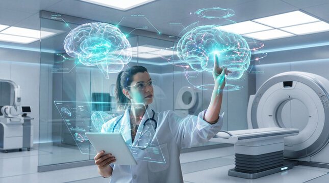 Young Female Doctor Analyzing Holographic Brain Models