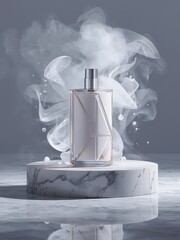A sophisticated perfume bottle surrounded by soft mist and delicate bubbles, creating an elegant, luxury vibe. Perfect for beauty and fragrance advertising, capturing timeless style and refinement.