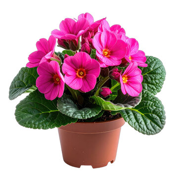 Vibrant pink primrose plant blooming in a brown plastic pot against a stark black background.