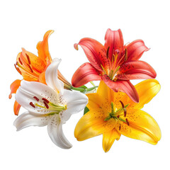 Vibrant cluster of four Asiatic lilies in contrasting colors against a stark black background.