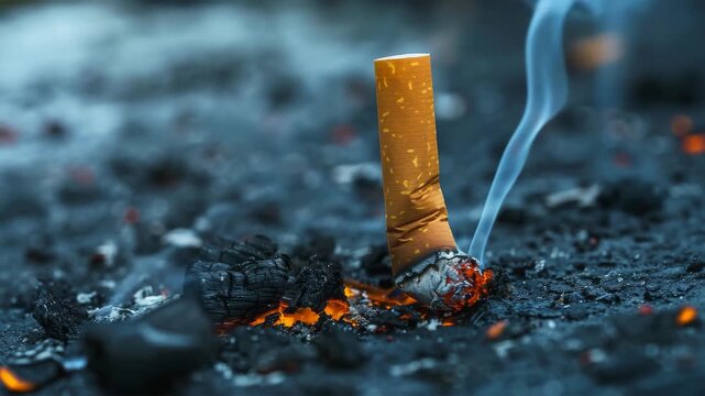 Burning cigarette butt with smoke and ashes