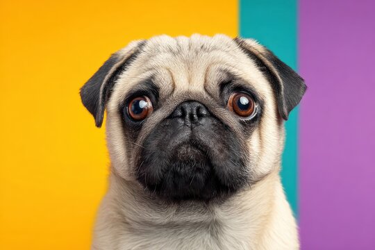 Adorable pug with expressive eyes on a vibrant solid background