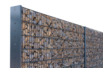 This structure features a gabion fence made of wire mesh and filled with stones. It serves multiple purposes like boundary marking and soil support in construction projects
