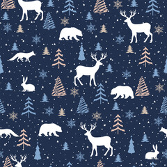 Seamless psttern with christmas trees and winter animals. Winter pattern