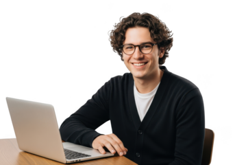 Smiling man with curly hair wearing glasses and a dark cardigan sits at a wooden desk with a laptop isolated on transparent background