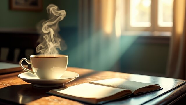 Steaming tea cup on antique desk with open book