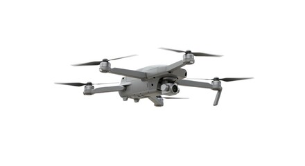 Modern Grey Drone Flying in Clear Sky with Four Rotors and Camera