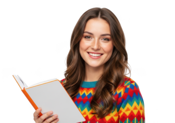 Young woman with long brown wavy hair smiling while holding an open book isolated on transparent background
