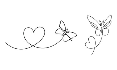 Two Butterflies and Heart Continuous Single Line Drawing