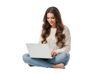 Naklejka premium Young woman sitting cross legged on the floor smiling while looking at a laptop computer screen isolated on transparent background