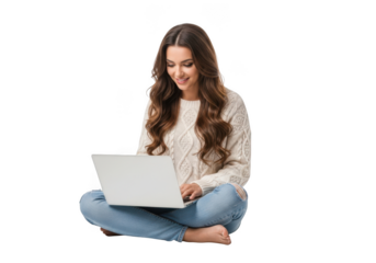 Young woman sitting cross legged on the floor smiling while looking at a laptop computer screen isolated on transparent background