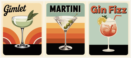 Vintage inspired cocktail triptych featuring Gimlet Martini and Gin Fizz with bold colors, stylized typography and retro geometric backgrounds