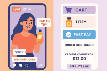 Shoppable Short-Form Feed & One-Tap Checkout &mdash; Mobile UI Vector