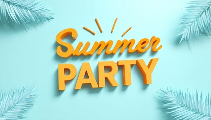 Summer party celebration with vibrant orange text and sunburst design, surrounded by tropical palm leaves on a soft blue background with copy space