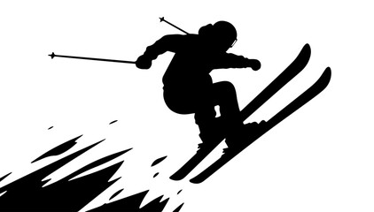 Fototapeta premium The black and white silhouette of a skier in a jump is extreme, speed and winter sports. Suitable for sports brands and tour operators. Vector graphics. EPS.