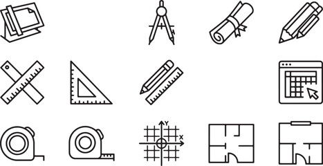 Fototapeta premium Architectural and drafting tools icons set for construction and engineering projects