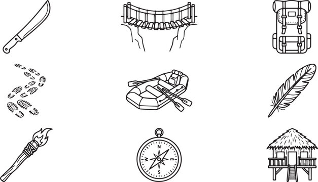 Adventure and exploration icons set for travel and outdoor activities with nature themes