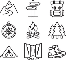 Outdoor hiking and camping adventure elements outline icons set for nature exploration