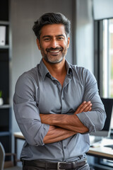 Confident happy successful ceo financial manager. Bearded indian businessman looking at camera standing in modern office with arms crossed. 