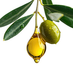 A close-up shot features a vibrant green olive and a suspended drop of golden olive oil against a stark black background.