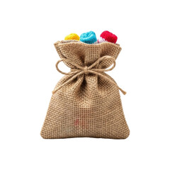 Small rustic burlap sack made of coarse jute is filled with colorful handmade knitted hats and tied with a natural twine bow, showcasing a charming and crafty aesthetic