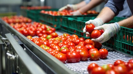 Workers sorting fresh red tomatoes on conveyor belt in a warehouse, showcasing the agricultural process and teamwork in food production