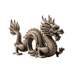 Fototapeta premium Traditional Asian dragon stone sculpture with intricate carving and detailed scales sits in a powerful serpentine pose with an open mouth showing sharp fangs