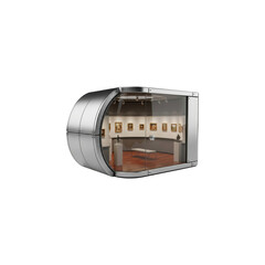 Fototapeta premium Futuristic metallic pod with a glass wall revealing a small, brightly lit art gallery exhibit with classical paintings, sculptures, and a modern interior design