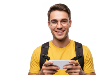 Young man wearing glasses and yellow t shirt holding a smartphone and smiling isolated on transparent background