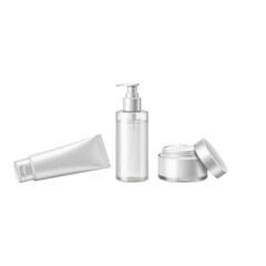 Obraz premium Three white and clear cosmetic product containers, including a tube, pump bottle, and open cream jar, are neatly arranged with soft, even lighting