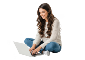 Young woman with long wavy brown hair smiling while working on a laptop computer while sitting cross legged isolated on transparent background