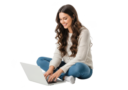 Young woman with long wavy brown hair smiling while working on a laptop computer while sitting cross legged isolated on transparent background - Powered by Adobe