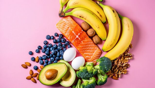 Healthy food assortment featuring salmon avocado blueberries bananas broccoli nuts and eggs