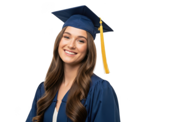 Young woman smiling wearing graduation cap and gown celebrating academic achievement isolated on transparent background
