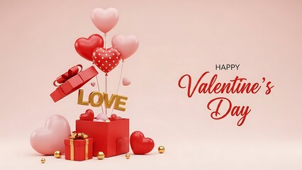 Happy valentine's day with open gift box and flying hearts