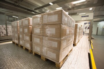 Finished cases of sealed meat trays are shrink wrapped on pallets in a warehouse, showcasing organized storage and efficient logistics management