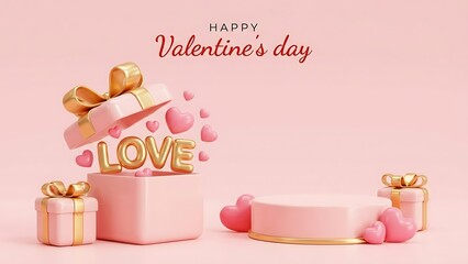 Valentine day podium and gift box for product display in 3d render
