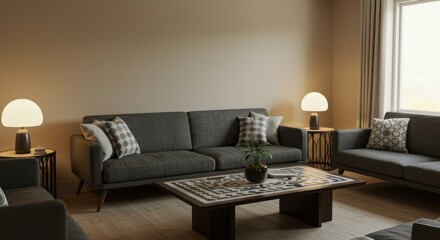 Modern Living Room with Grey Sofa and Wooden Coffee Table in Natural Light