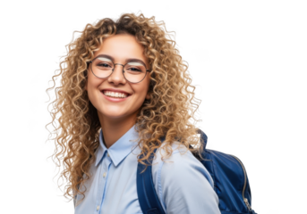 A smiling young woman with curly blonde hair wearing glasses and a light blue collared shirt carrying a backpack isolated on transparent background