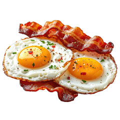 A close-up studio shot of perfectly cooked sunny-side-up eggs served with crispy bacon on a black background.