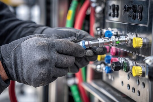 Gloved hands expertly detach a spray nozzle from a control panel, showcasing the precision and skill involved in equipment changeover and maintenance tasks