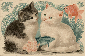 Kittens and Fish: A pair of adorable kittens, their gaze fixed upon each other while sharing a fish, in a tender moment of companionship and innocence, with an playful and curious goldfish nearby.