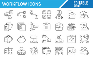 Workflow outline icon set, business process management, automation, data flow, project organization and digital system operation thin line symbols collection isolated on white background