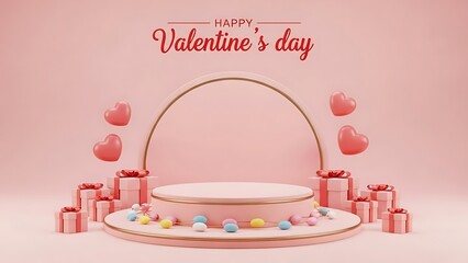 Valentine's day podium stage display with hearts and gifts on pink background