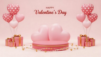 Valentine's day podium stage with hearts and gift boxes on pink background