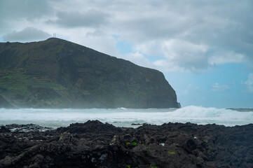 Obraz premium Ponta da Ferraria, a unique volcanic coastline on the island of São Miguel in the Azores