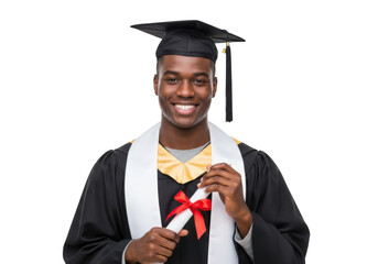 Young african american man wearing graduation cap gown holding diploma with red ribbon isolated on transparent background